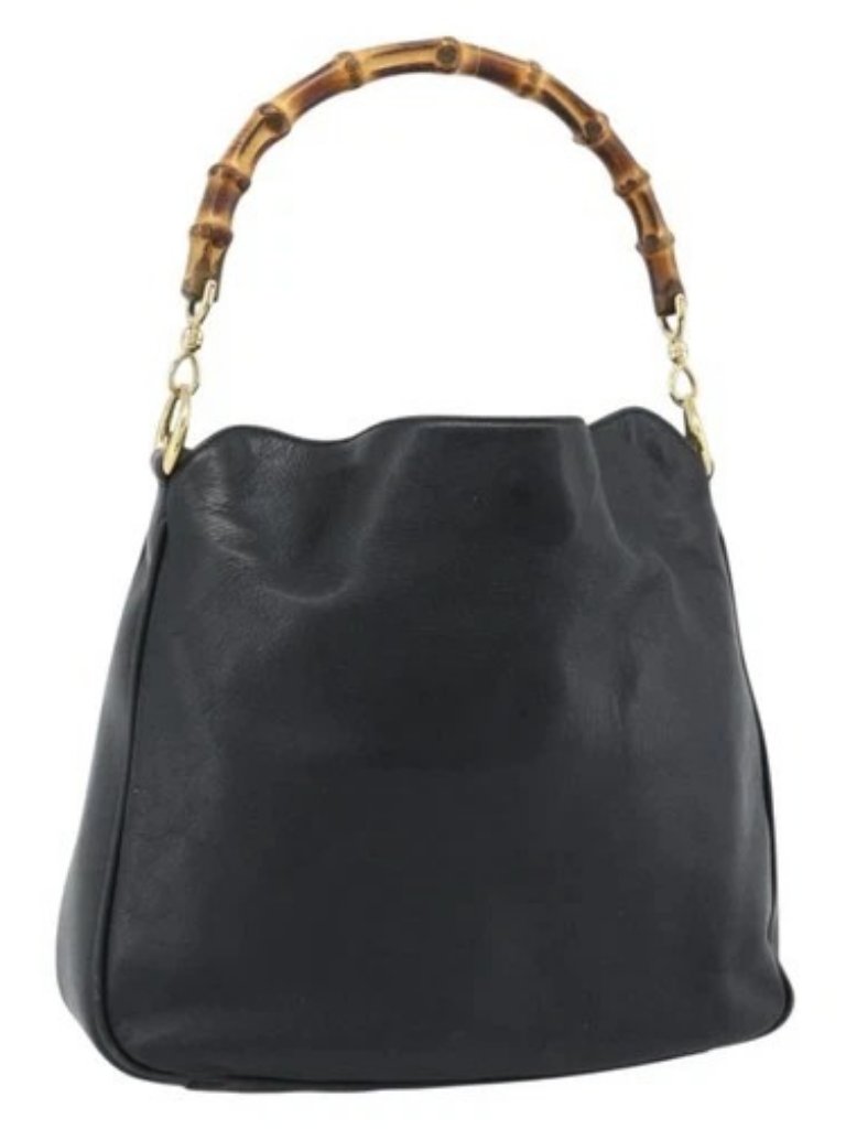 Gucci Bamboo Hand Bag Leather Black Gold Auth Fm5373